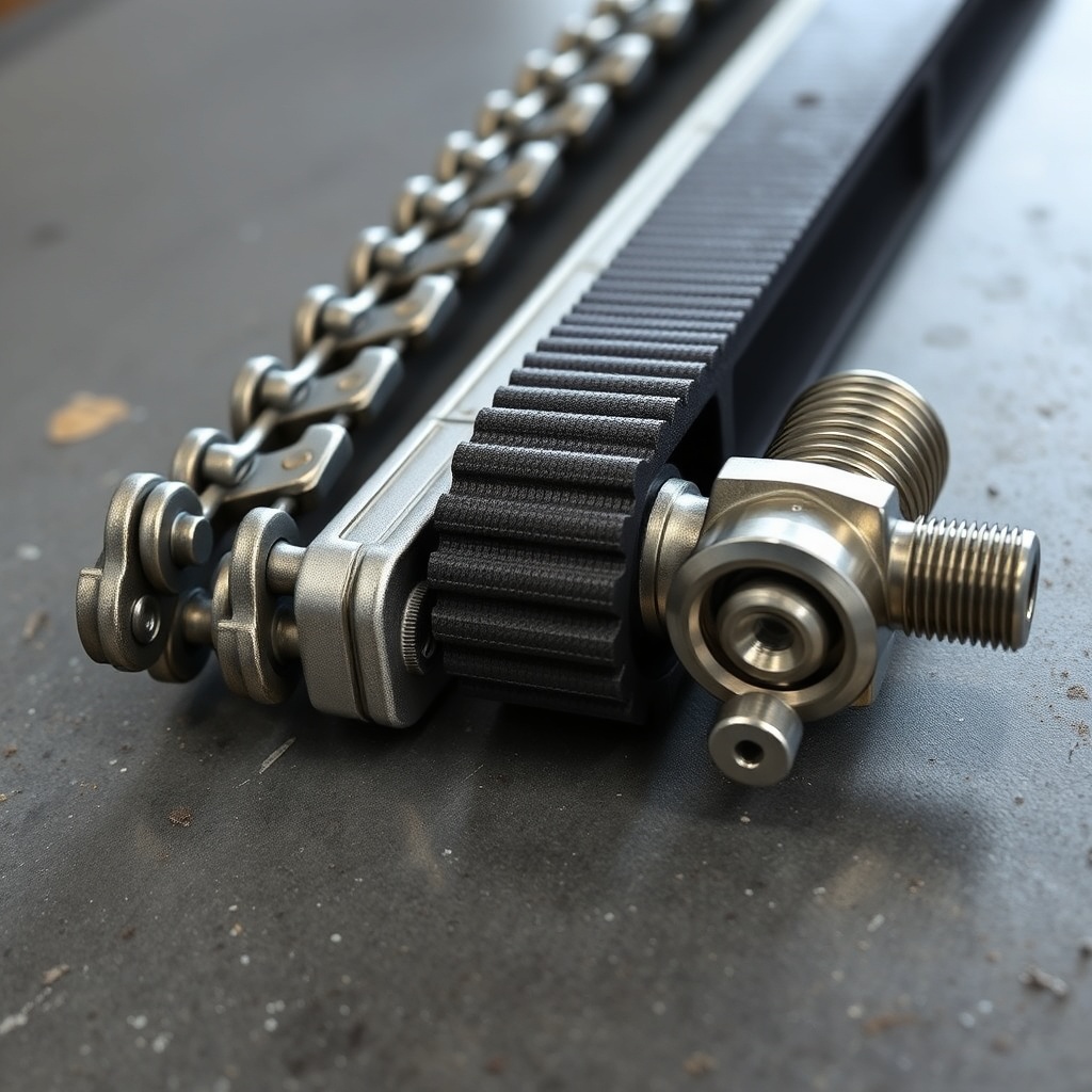 Close-up photorealistic view of three different garage door opener drive rails: a metal ch
