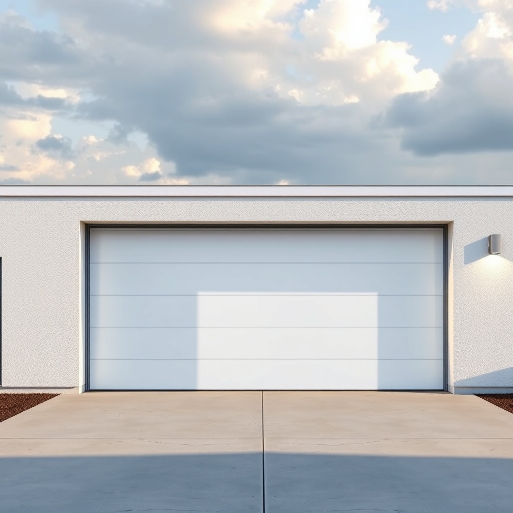 Photorealistic image of a garage door opening scene under a soft cloudy sky