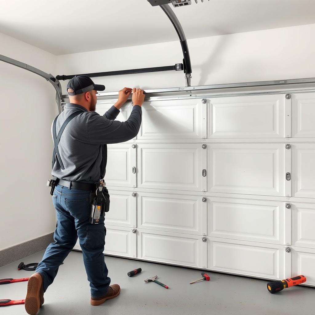 A clean photorealistic photo of a professional installer in work clothes carefully alignin