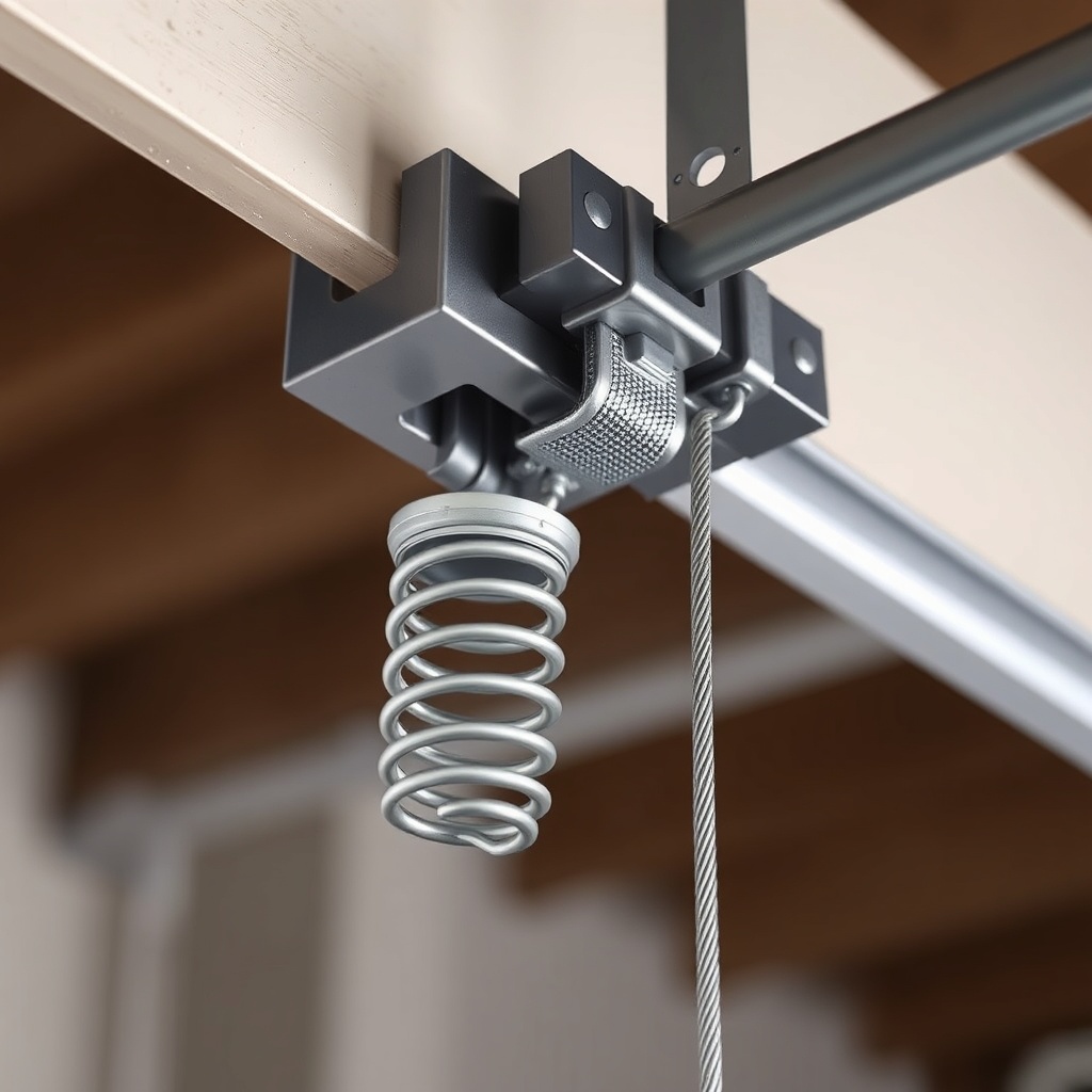 A photorealistic showing a close-up of a garage door's torsion spring and cable system