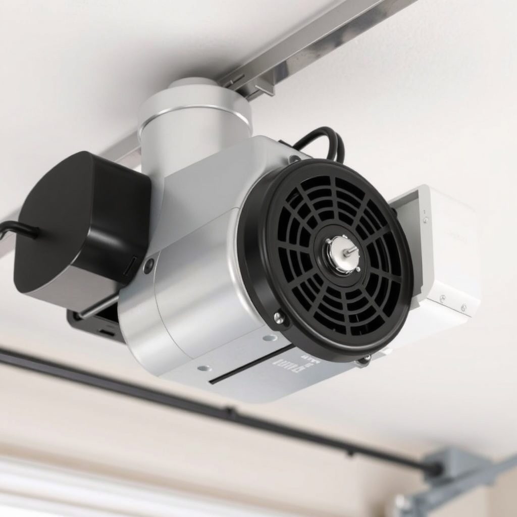 A close-up photograph of the Hörmann LPU 40 chain drive motor unit mounted on the ceiling