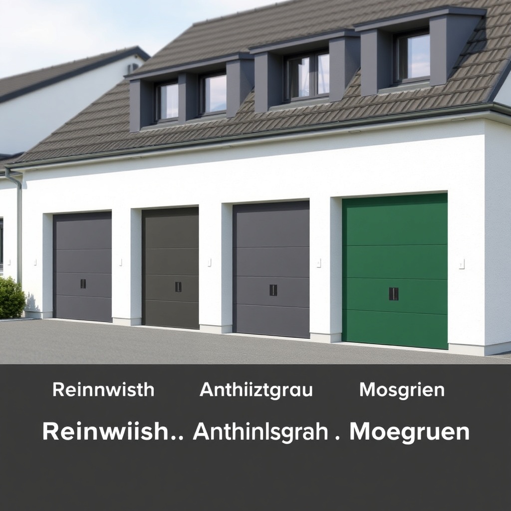 A photorealistic side-by-side comparison of three Hörmann LPU 40 garage doors mounted on m