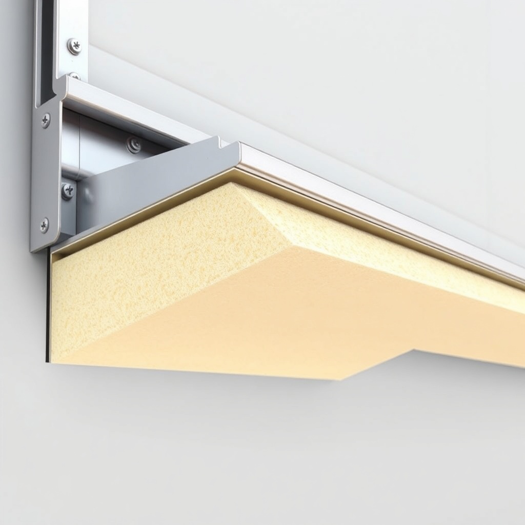 A photorealistic cross-section of a Hörmann LPU 40 garage door panel showing the thick pol