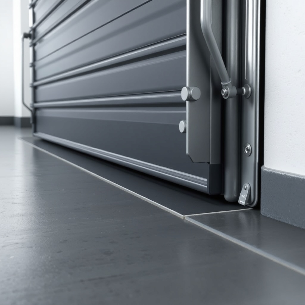 A photorealistic side view of a Hörmann LPU 40 door showing the bottom seal pressing again