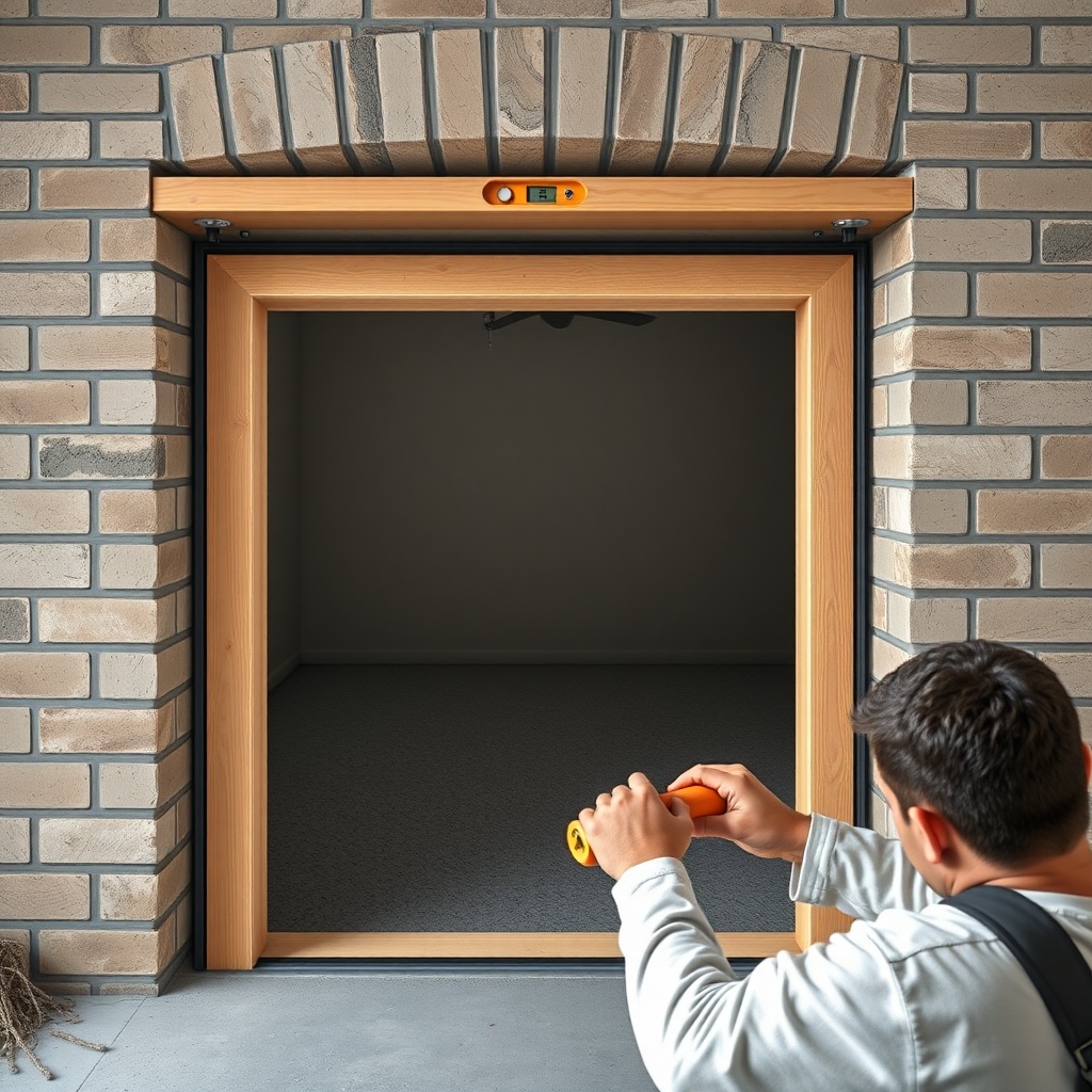 Photorealistic image of a garage door frame being carefully aligned inside a masonry openi