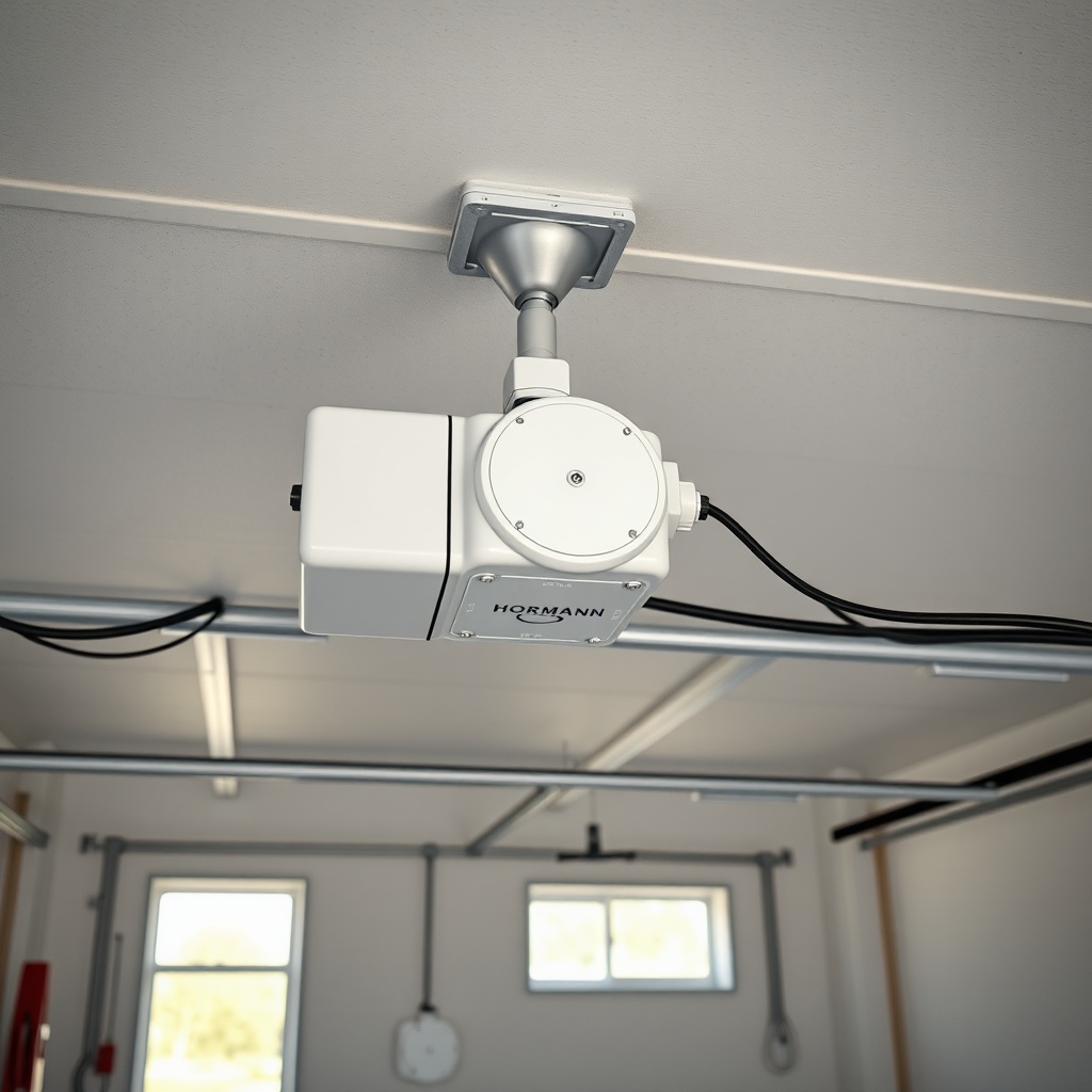 A clean photorealistic photo of a garage interior showing a Hörmann LPU 40 Schwingtor with