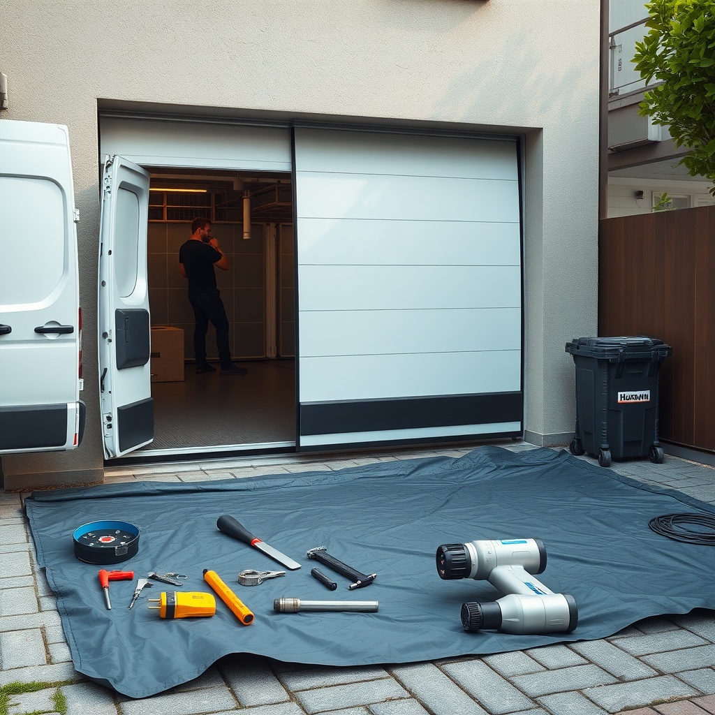 A clean photorealistic photo of a Hörmann LPU 40 garage door being installed by a technici
