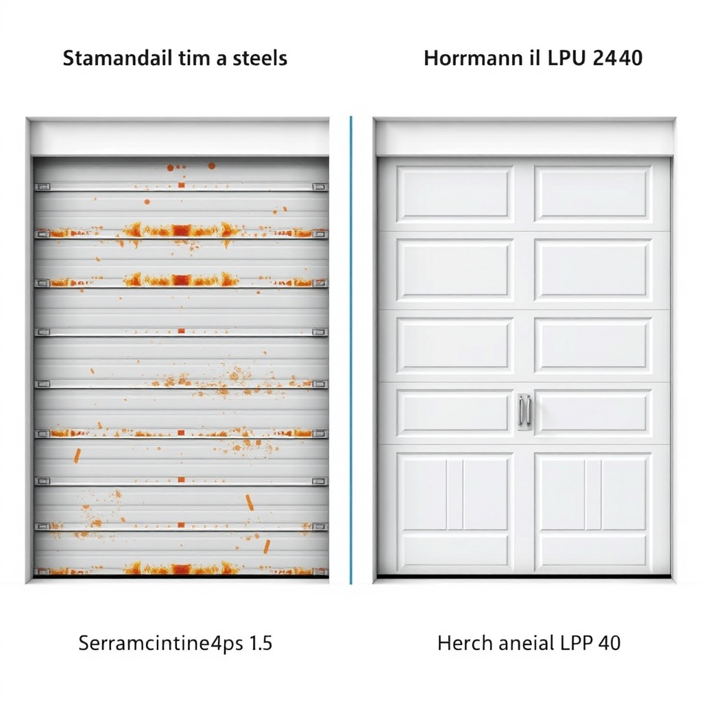 A simple illustration showing a split comparison: left side a standard thin steel garage d