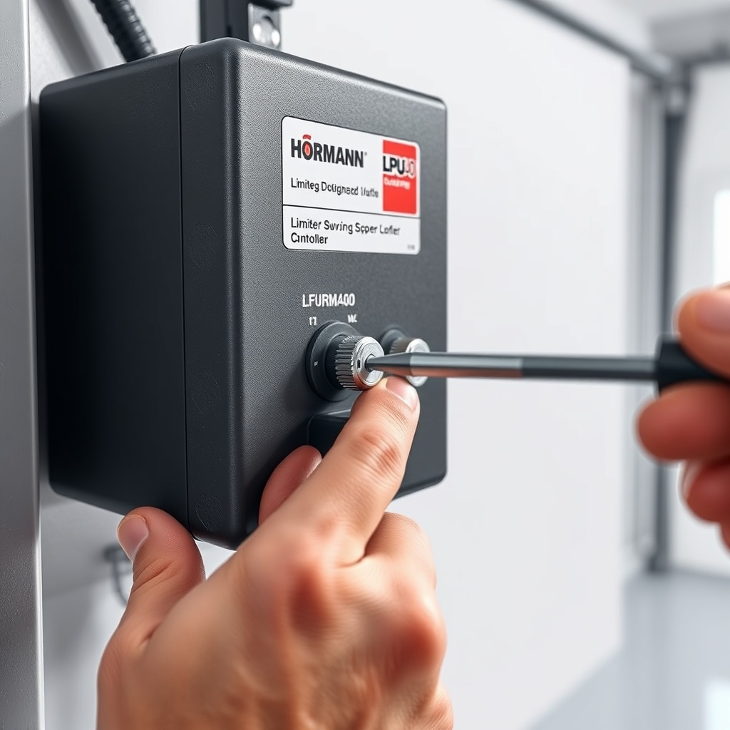 A photorealistic close-up photo of a Hörmann LPU 40 garage door controller unit with a tec