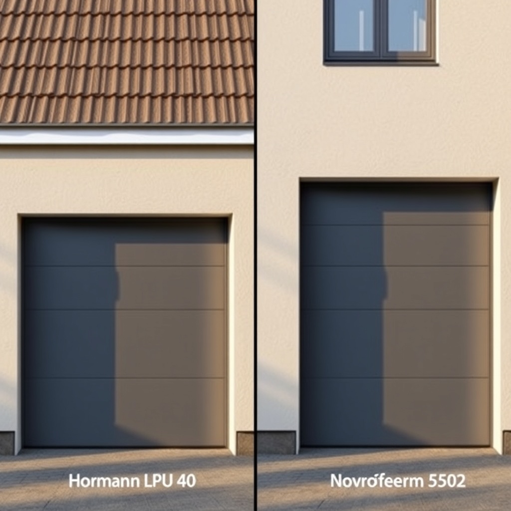 A photorealistic side-by-side comparison of two sectional garage doors against a modern ho