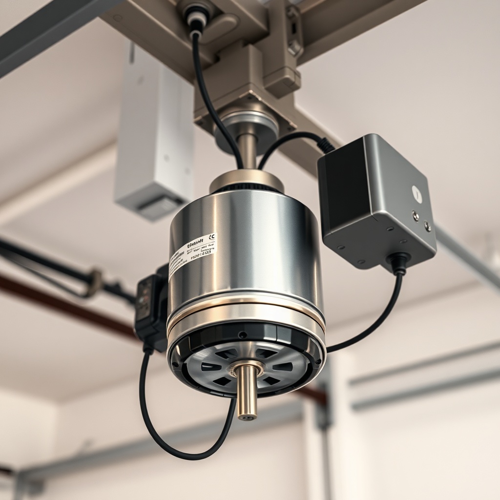 A realistic close-up of a modern brushed DC motor mounted on a ceiling rail system in a cl