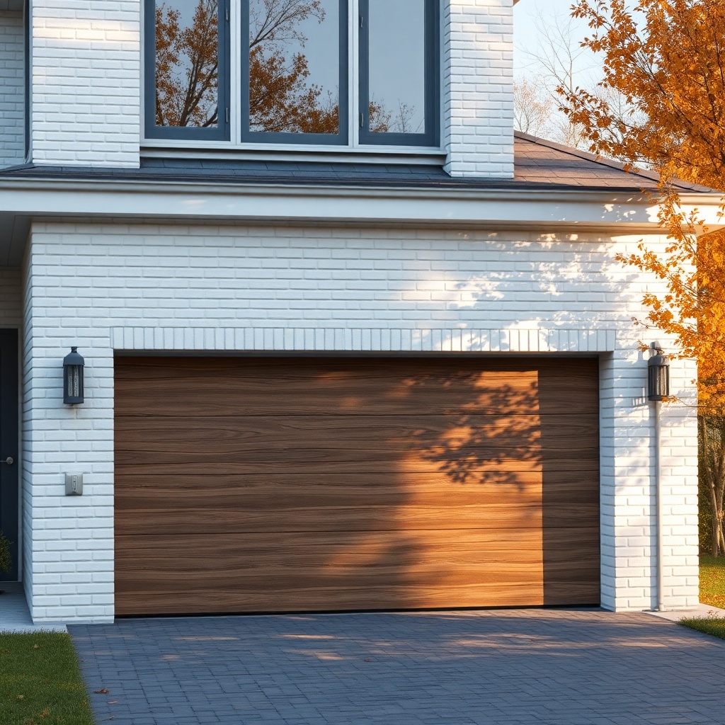 A photorealistic photo of a Novoferm NOVOTEC 502 garage door with a Nussbaum wooddekor fin