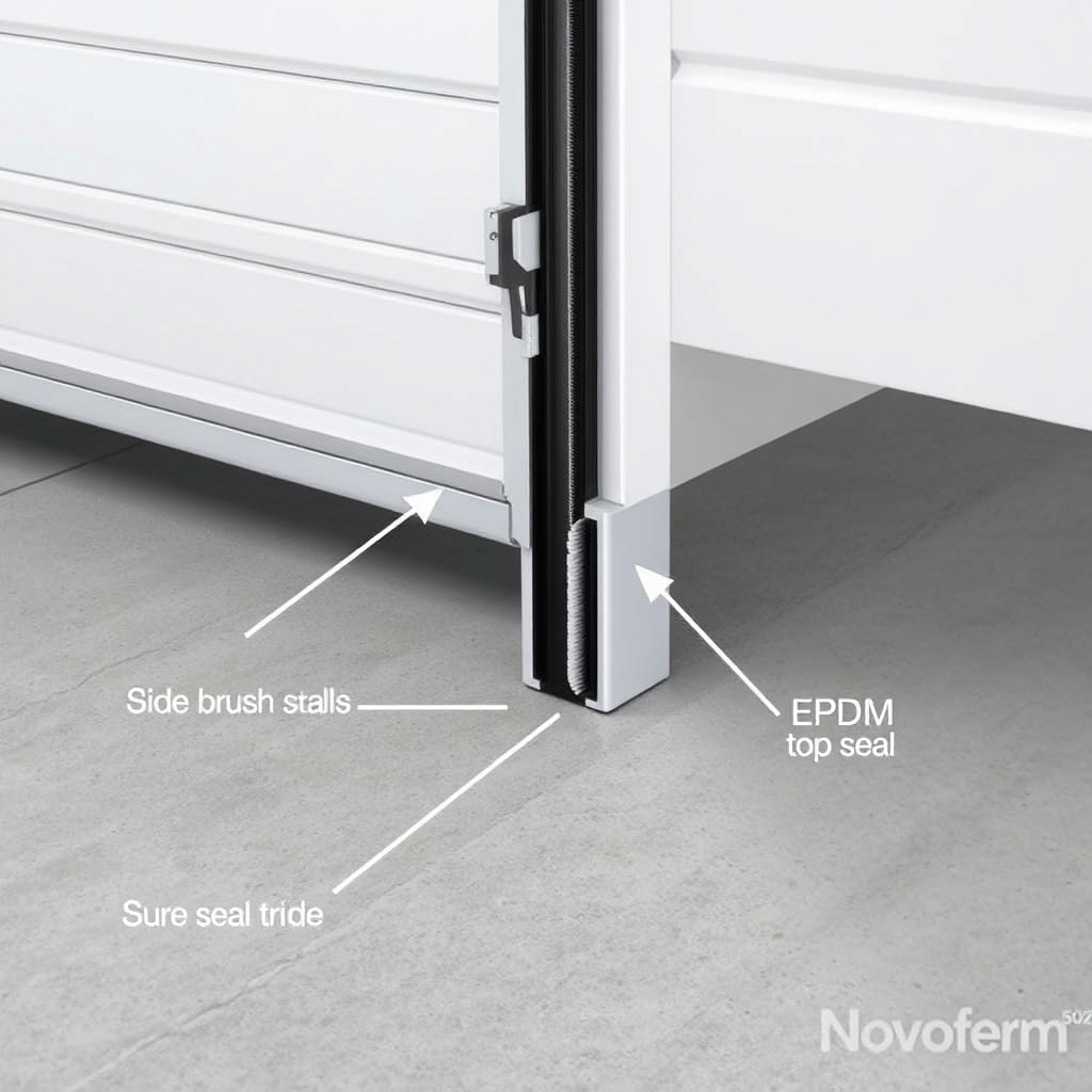 A clean cross-section illustration of a Novoferm NOVOTEC 502 sectional garage door showing