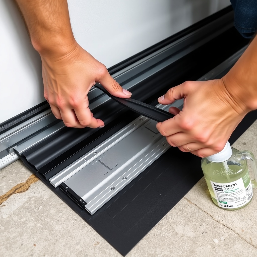 A close-up photorealistic photo of a pair of hands fitting a new black rubber bottom seal