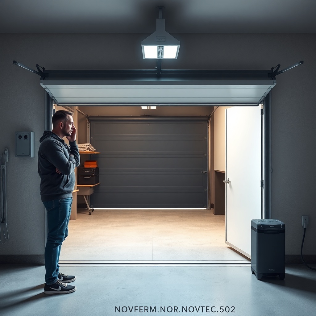 A photorealistic image of a homeowner standing next to an open Novoferm NOVOTEC 502 garage