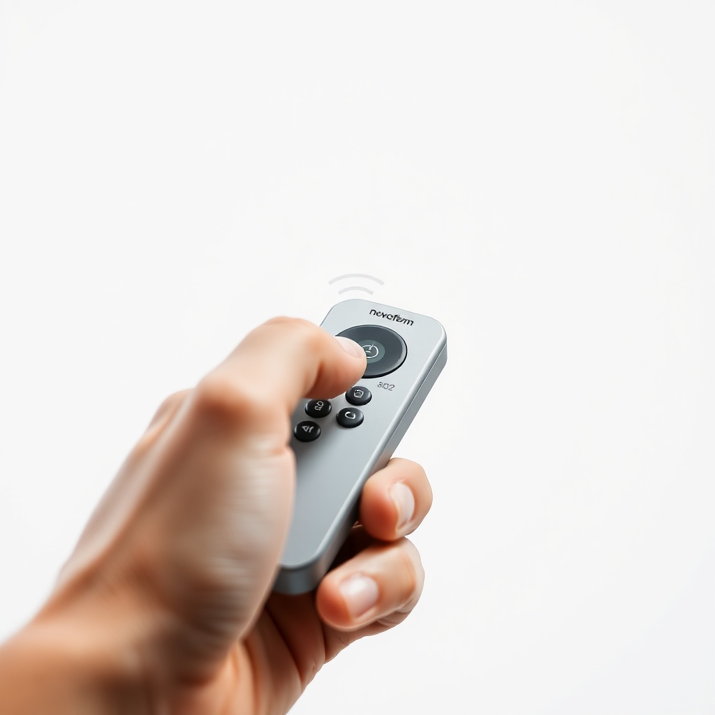 A close-up view of a hand holding a Novoferm NOVOTEC 502 remote control