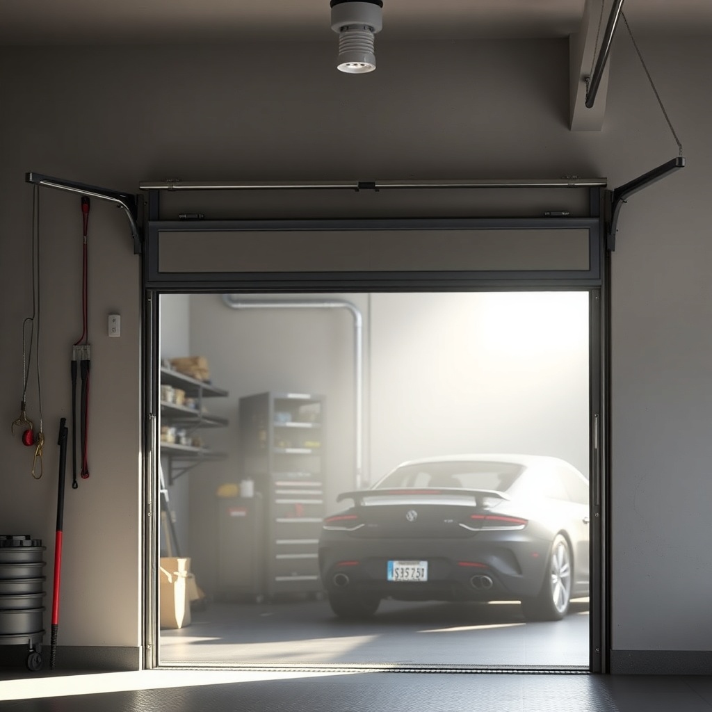 A photorealistic photo showing the interior of a garage with a Novoferm NOVOTEC 502 door w