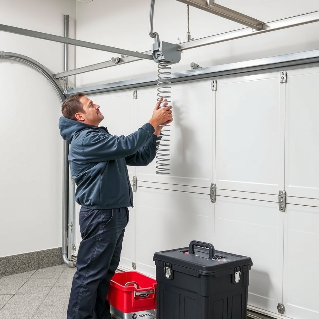 A photorealistic photo of a professional installer adjusting a torsion spring on a Novofer