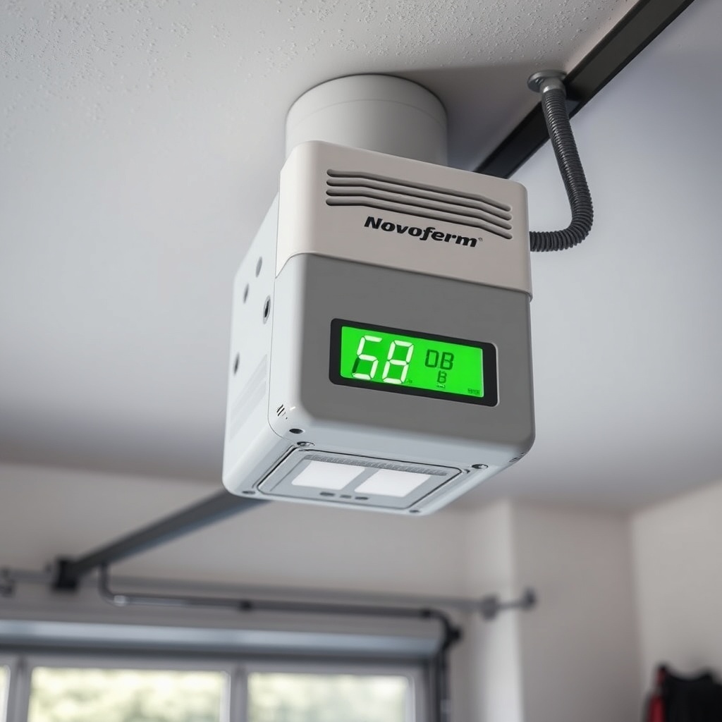A photorealistic close-up of a Novoferm NOVOTEC 502 motor unit mounted on a garage ceiling
