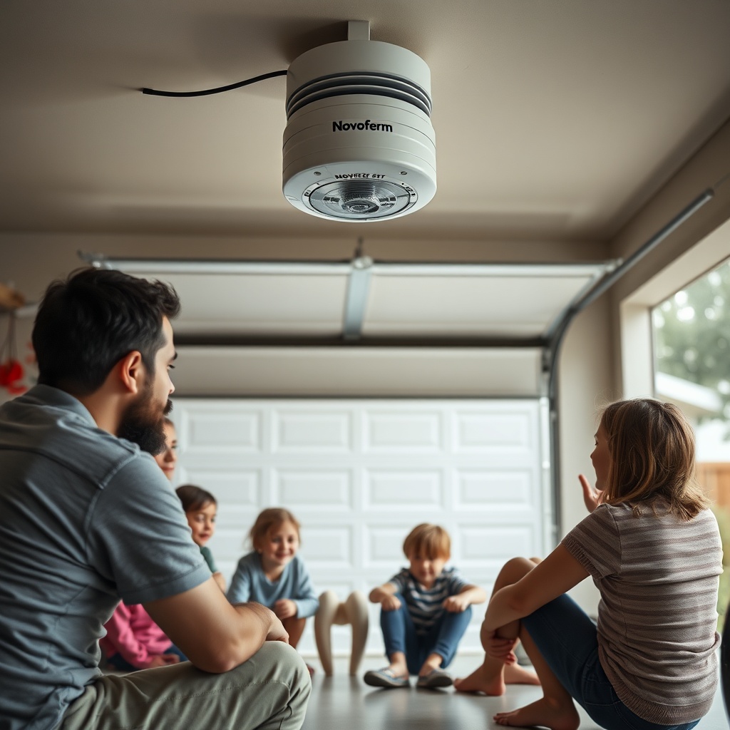 A photorealistic image of a family in a suburban garage