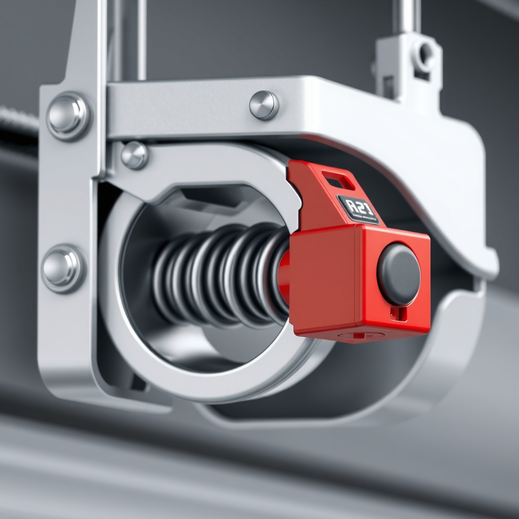 A close-up photorealistic illustration of a Novoferm NOVOTEC 502 garage door mechanism sho