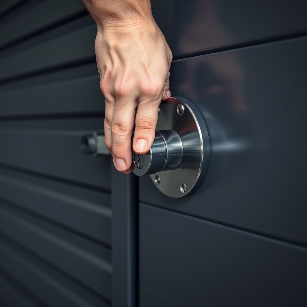 A close-up photorealistic photo showing a hand turning a heavy steel lock cylinder on a ga