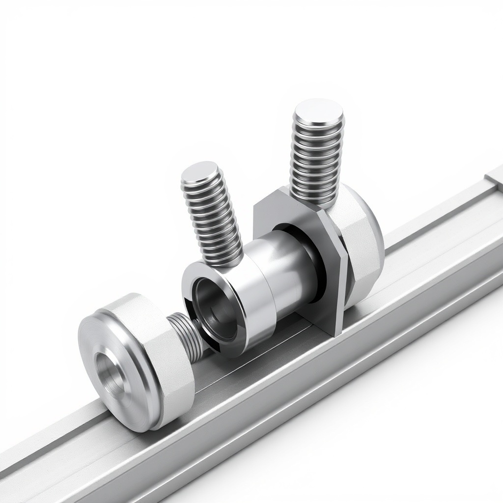 A photorealistic simple illustration showing two heavy steel bolts sliding into a metal tr