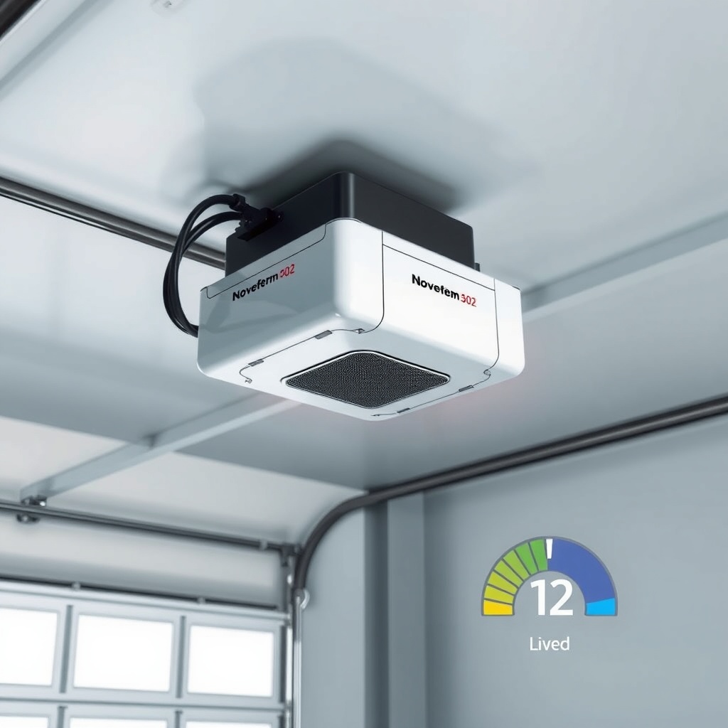 A photorealistic illustration of a garage interior showing the Novoferm NOVOTEC 502 motor