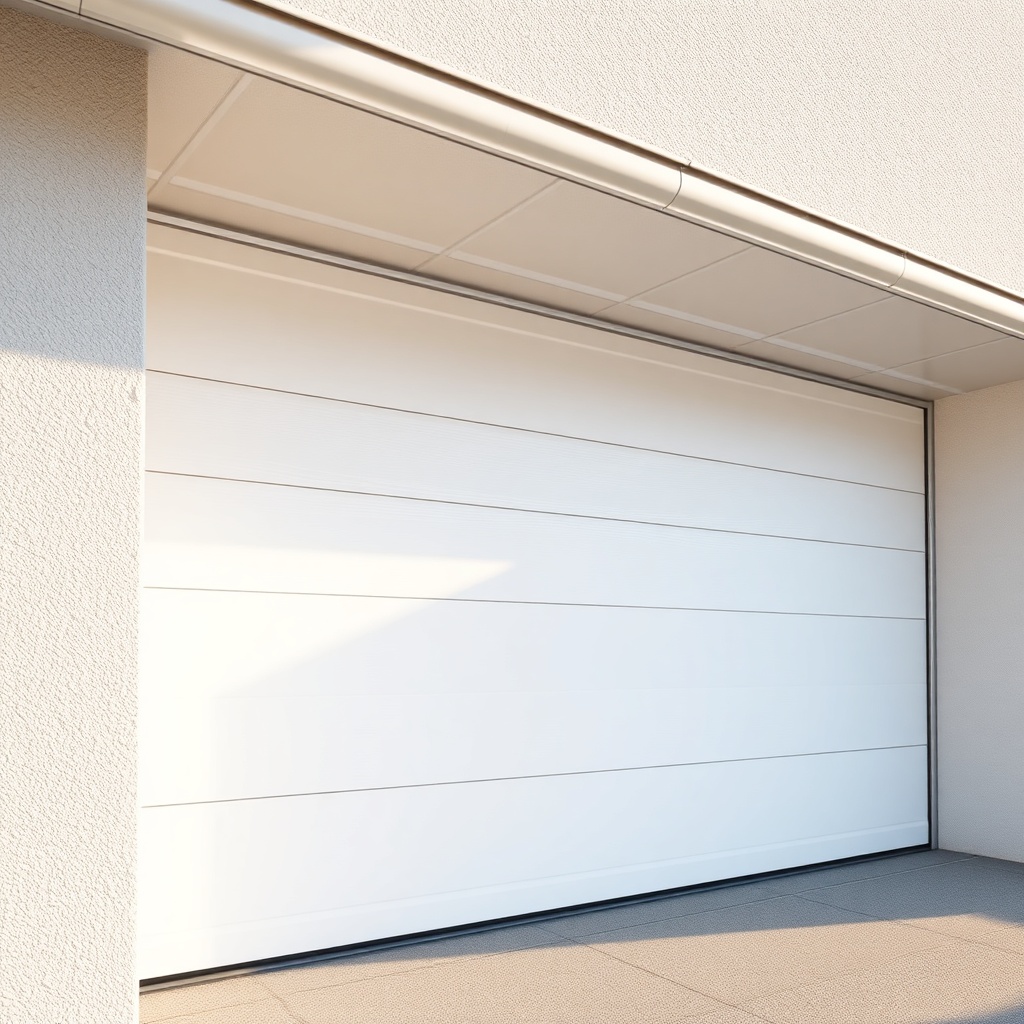 A clean photorealistic photo of a Novoferm NOVOTEC 502 garage door with its white panel su