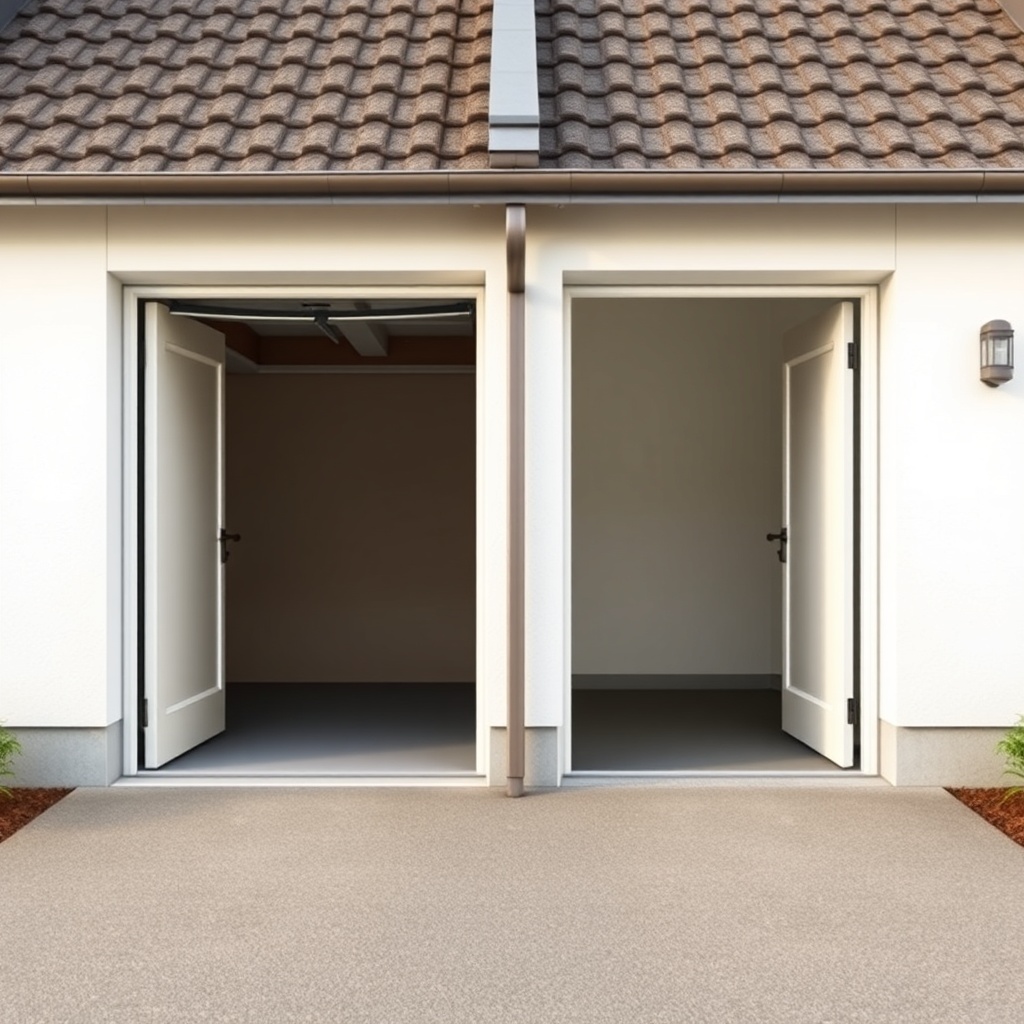 A clean photorealistic photo showing two garages side-by-side