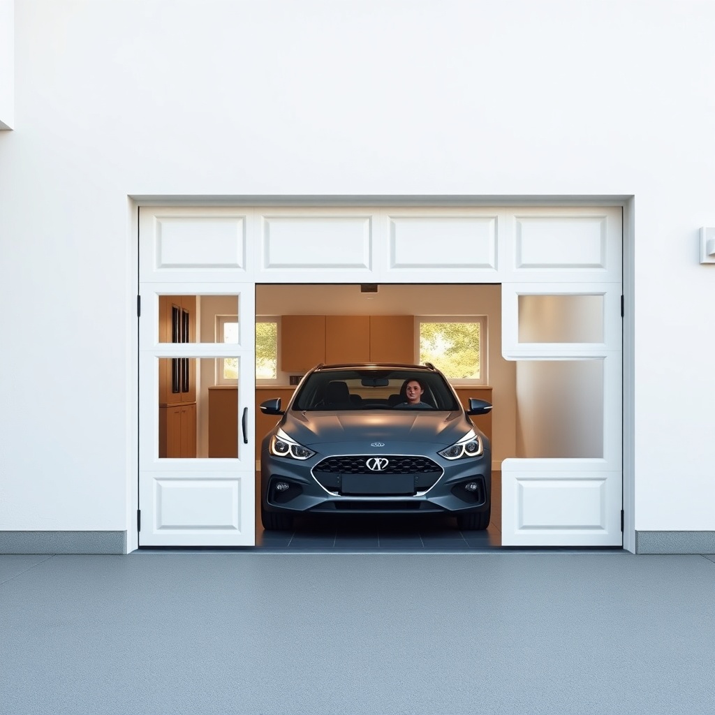 A clean photorealistic photo of a finished garage with a white Novoferm sectional door